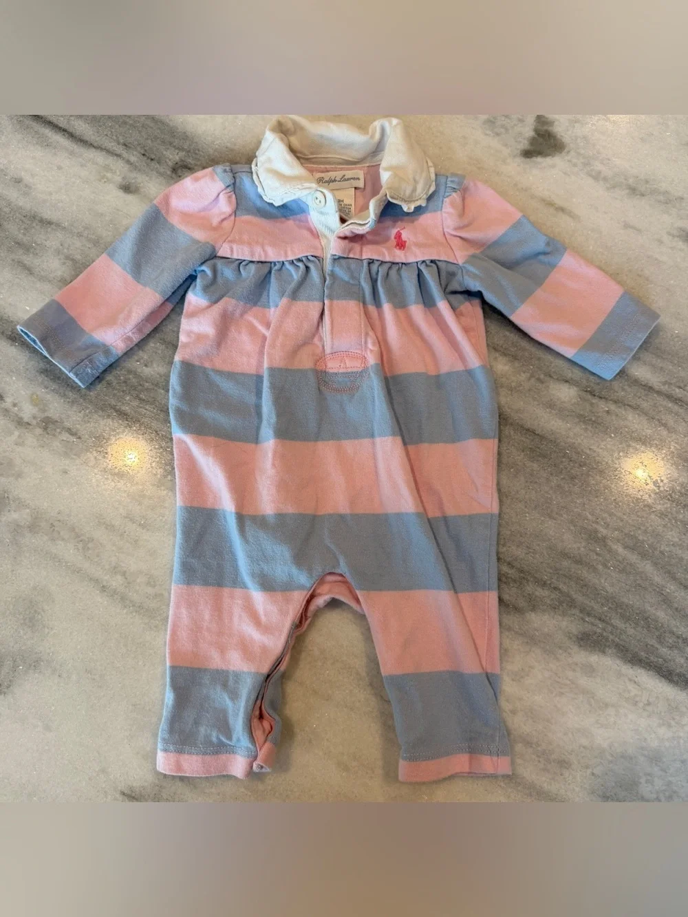 Ralph Lauren Pink & Blue Striped Baby One-Piece Baby Outfit Peter Pan Collar